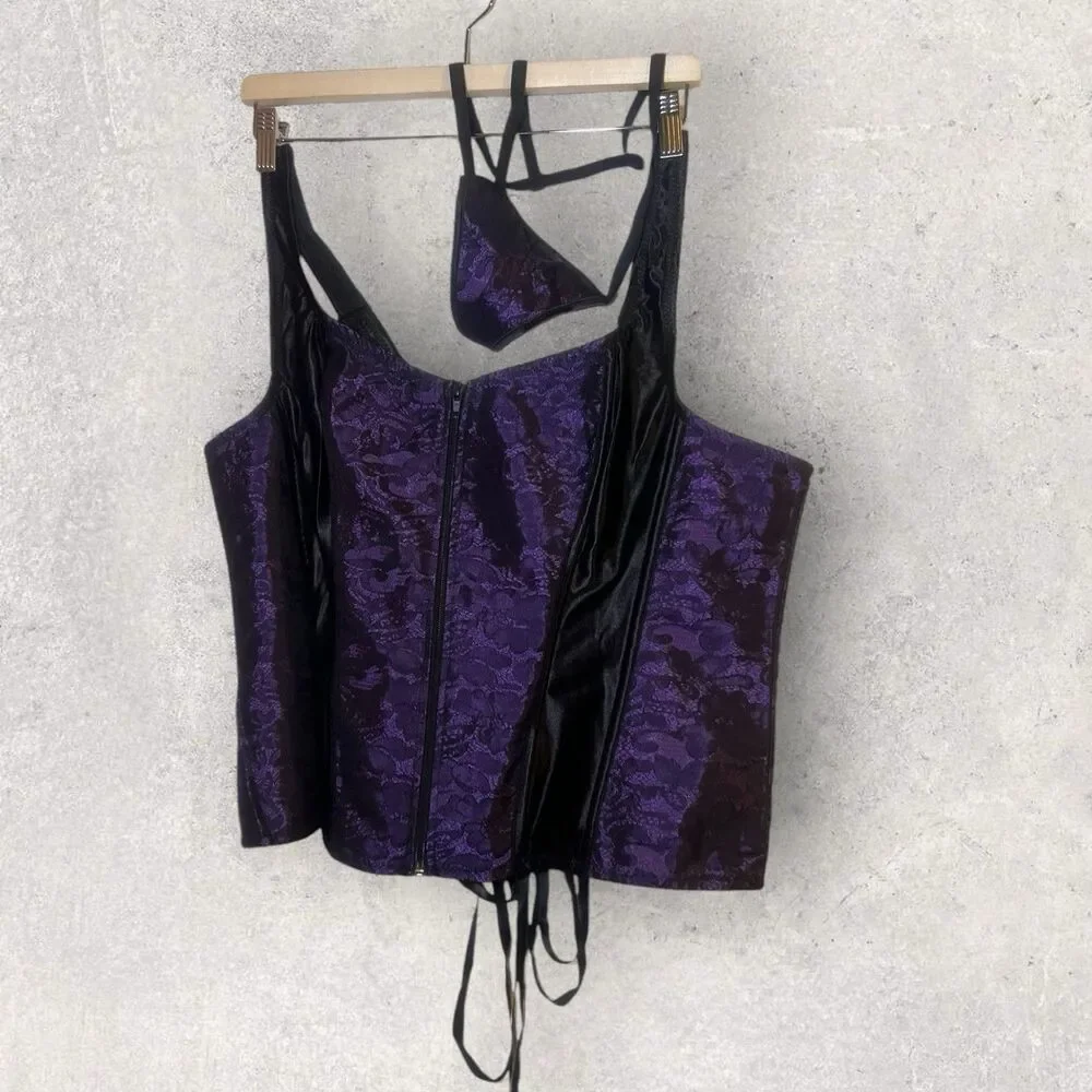 Black And Purple Satin And Lace Wide Strap Corset Top And Thong Set Size 4XL - Picture 1 of 6